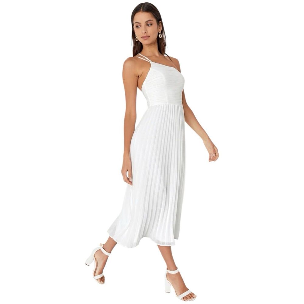 Lulus Asymmetrical Pleated Midi Dress Womens XS White One Shoulder Wondrous Muse